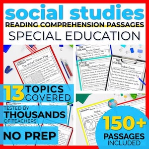 May include: A collection of social studies reading comprehension passages for special education, featuring 13 topics and 150+ pages. The worksheets include text about the United States Flag, oceans, and geography, with various school supplies visible.