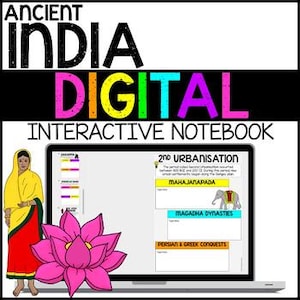 Może przedstawiać: Cyfrowy interaktywny notatnik z tytułem "Ancient India Digital Interactive Notebook" w kolorze czarnym, różowym, żółtym i fioletowym. Notatnik jest wyświetlany na ekranie laptopa, z kobietą w żółtym i czerwonym sari oraz różowym kwiatem lotosu na pierwszym planie.