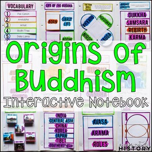 Puede incluir: Un cuaderno interactivo colorido para aprender sobre los orígenes del budismo. El cuaderno incluye secciones sobre vocabulario, la vida de Buda, las cuatro nobles verdades, los conceptos budistas y la propagación del budismo. El cuaderno también incluye un mapa de la propagación del budismo y un diagrama de la rueda de la vida budista.