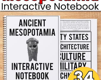 Może przedstawiać: Spiralny notatnik interaktywny zatytułowany Ancient Mesopotamia z czarno-białą ilustracją historycznego popiersia. Strony zawierają tekst o cywilizacji sumeryjskiej, państwach-miastach, architekturze, kulturze i wojskowości, łącznie 34 strony.