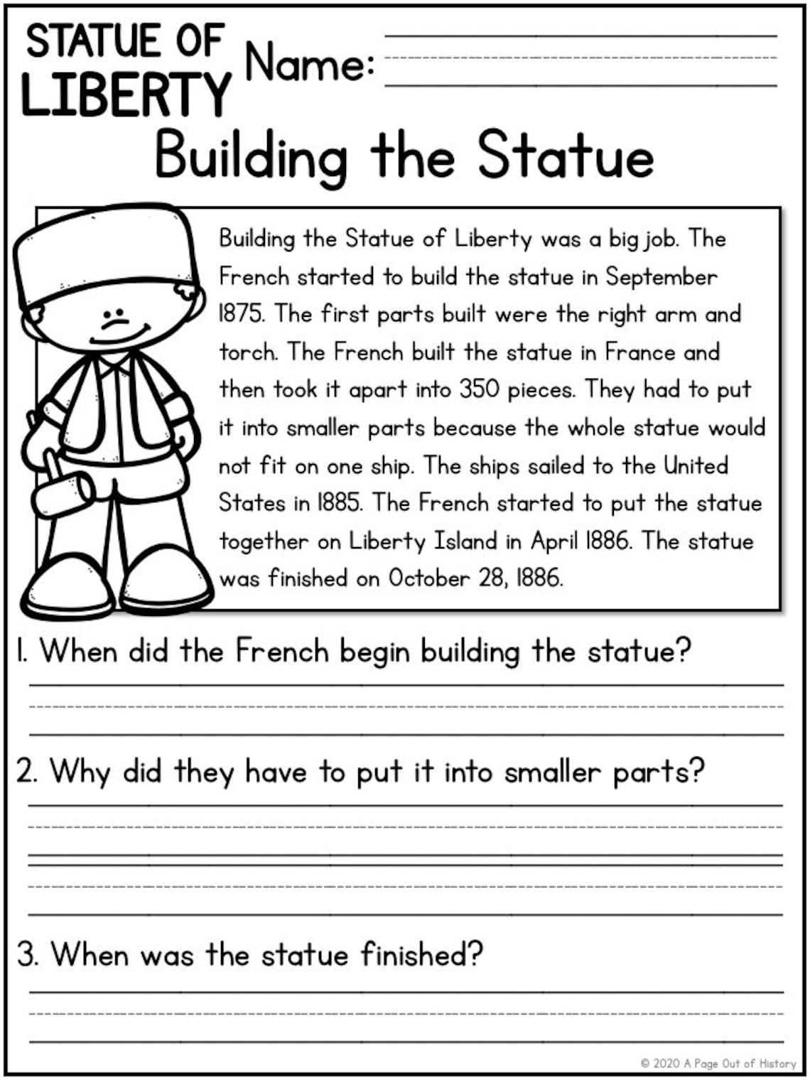 Statue of Liberty Reading Comprehension Passages K2 Etsy