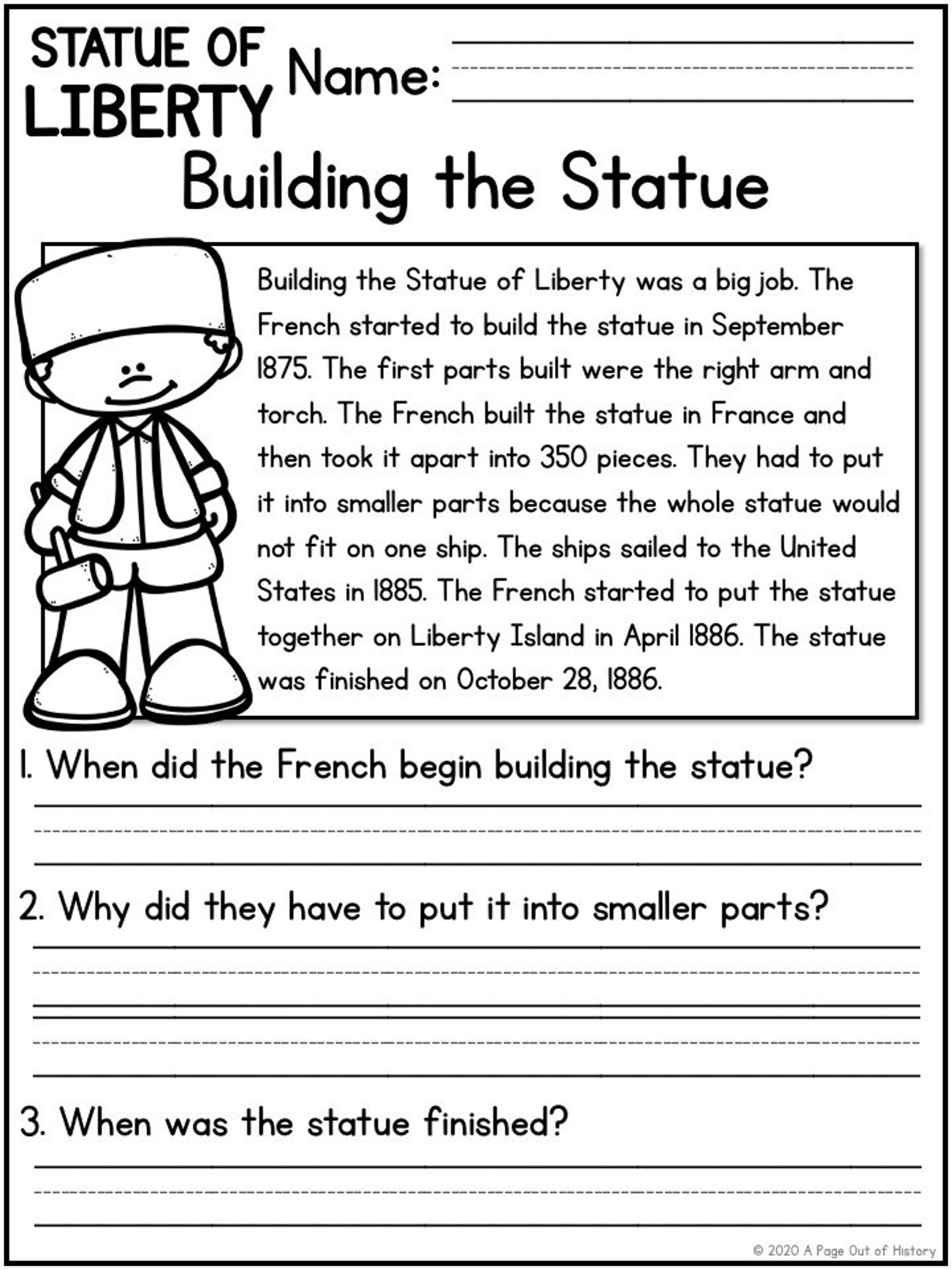 Statue of Liberty Reading Comprehension Passages K2 Etsy