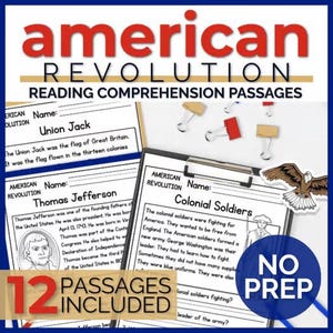 May include: Educational reading comprehension worksheets titled American Revolution featuring passages about the Union Jack, Thomas Jefferson, and Colonial Soldiers. Includes a bald eagle sticker, binder clips, and a large 12 passages included label.