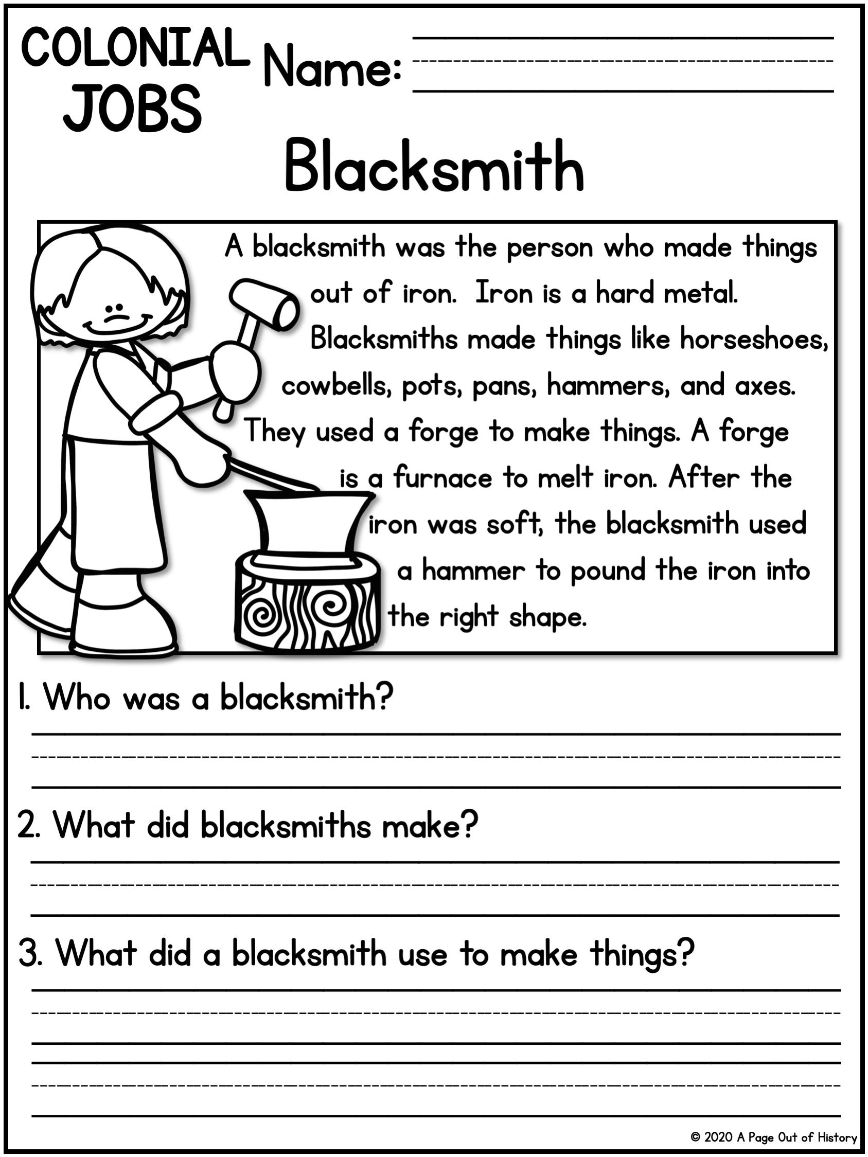 Colonial Jobs Reading Comprehension Passages K2 Homeschool Social