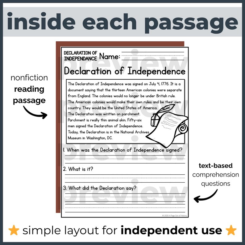 Declaration of Independence Reading Comprehension & 4th of July ...