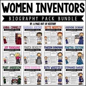 Op de afbeelding: Een bundel biografiepakketten met vrouwelijke uitvinders. Elk pakket bevat een portret van de uitvinder en haar naam. De bundel bevat Anna Connelly, Barbara Askins, Bette Nesmith, Josephine Cochrane, Joy Mangano, Maria Beasley, Marion Donovan, Martha Coston, Mary Anderson, Ruth Handler, Ruth Wakefield en Stephanie Kwolek.