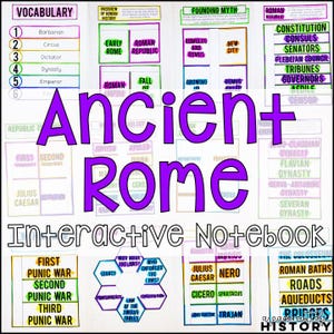 May include: An educational notebook page titled "Ancient Rome" with various vocabulary terms, historical periods, and figures. The notebook includes sections on the Roman Republic, Punic Wars, and notable figures like Julius Caesar. The title is in large purple letters.