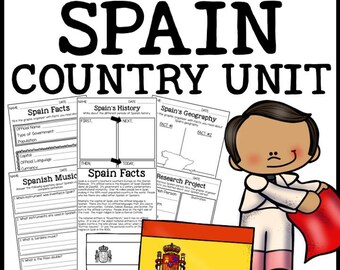 Spain Country Social Studies Complete Unit, Spain Geography Passages, Reading Comprehension Questions, Kids Activity Printable Worksheets