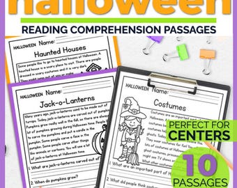 Halloween-Arbeitsblätter zum Leseverständnis, Kostüme, die lustige Aktivitäten für Kinder machen, Gejagthaus-Passagen & Fragen, digitaler PDF-Download