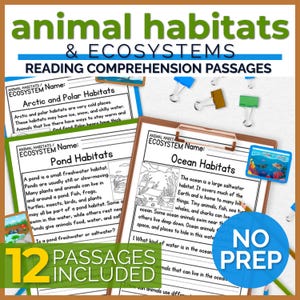 May include: Educational reading comprehension worksheets titled Animal Habitats and Ecosystems. The pages feature text about Arctic, Pond, and Ocean habitats, with black and white illustrations, a brown clipboard, and colourful binder clips.