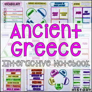 May include: An interactive notebook page titled "Ancient Greece" with various sections on Greek history, vocabulary, and key figures. The title is in large pink letters. Includes topics like the Persian Empire and Alexander the Great.