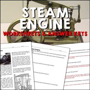 May include: A brass steam engine model with a flywheel and intricate mechanisms, accompanied by worksheets and answer keys. The text "STEAM ENGINE" is displayed above the engine, with "WORKSHEETS & ANSWER KEYS" below.