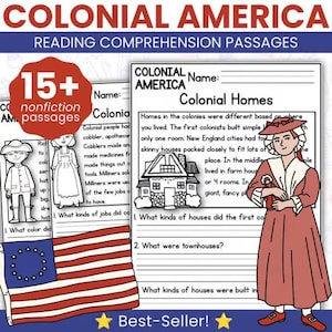 May include: A set of Colonial America reading comprehension passages featuring black and white illustrations of historical figures and homes. The text includes the title Colonial America, Colonial Homes, and 15+ nonfiction passages. A red, white, and blue flag is visible.