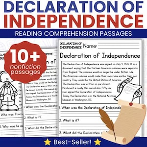 May include: A set of Declaration of Independence reading comprehension passages featuring black and white worksheets with text, a cartoon figure, and a quill pen illustration. A red badge states 10+ nonfiction passages and best-seller.