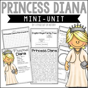 Pode incluir: Mini-unidade educacional sobre a Princesa Diana, com pesquisa de palavras, árvore genealógica e informações biográficas. Inclui ilustrações da Princesa Diana em estilo cartoon. O título "Princess Diana Mini-Unit" é exibido.