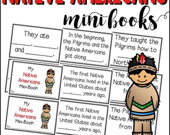 Può includere: Un mini-libro stampabile sui nativi americani. Il libro include illustrazioni di un nativo americano con abiti tradizionali e un copricapo. Il testo include le parole "Il mio mini-libro sui nativi americani" e "Mangiavano ____ e ____".