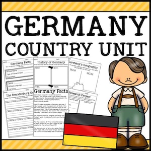 May include: Black and white printable worksheets for a Germany country unit. The worksheets include facts about Germany, its history, geography, and a research project. The worksheets feature a cartoon illustration of a smiling boy wearing traditional German clothing. The German flag is also included in the image.