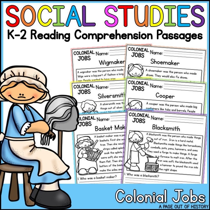 colonial jobs reading comprehension passages k 2 etsy