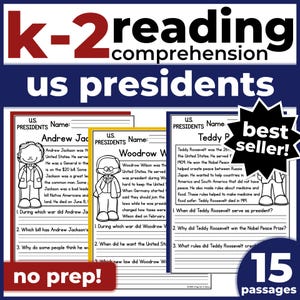 K2 Reading Practice 1st 2nd Grade Pages, United States President Passages & Questions, Political Activity Sheets for Kids, No-Prep Printable