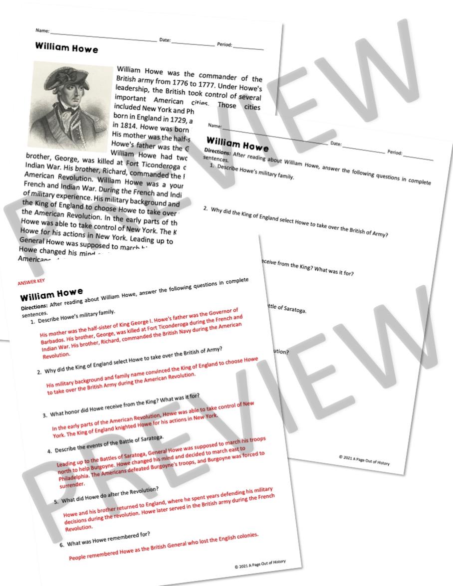 Howe Key William Howe American Revolution Reading Worksheet & Answer Key ...