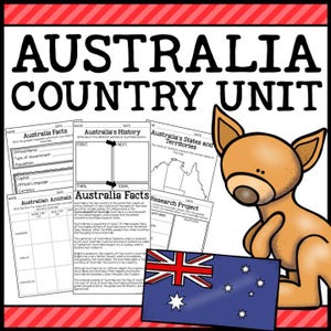 Może przedstawiać: Czarno-białe karty pracy do druku dla jednostki krajowej o Australii. Karty pracy zawierają informacje o historii Australii, jej stanach i terytoriach, zwierzętach i faktach. Karty pracy przedstawiają kreskówkową kangurę i flagę Australii.