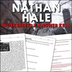 May include: Worksheets and answer keys with the name "Nathan Hale" in large white text. The image shows a grayscale bust and several pages of printed text, possibly for a history lesson.