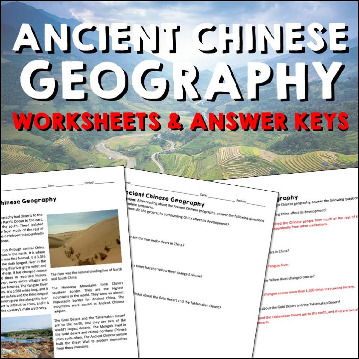 Geography of Ancient China Reading Practice Worksheets, Questions With ...