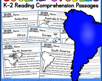 May include: Educational poster titled "Social Studies" with reading comprehension passages for K-2 students. The poster features information about the seven continents, including maps and brief descriptions. The text is in black, with a blue outline of South America.