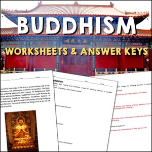Puede incluir: Una hoja de trabajo imprimible con el título "Buddhism Worksheets & Answer Keys" y una imagen de una estatua dorada de Buda. La hoja de trabajo incluye preguntas sobre el budismo, su historia y su impacto en la cultura china.