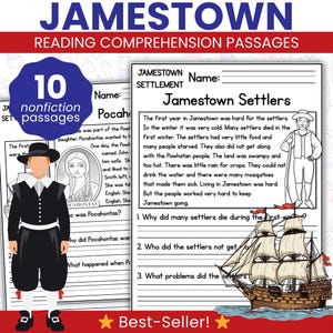 Jamestown Settlement Reading Comprehension Passages, Colonial History Worksheets and Answer Key, Social Studies Lesson Plan, Kids Activities
