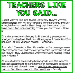 May include: A green and white text box with the words "Teachers Like You Said..." at the top. The text box contains several quotes from teachers about how they use the product. The quotes are in black text on a white background.