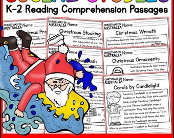 Christmas in Australia Reading Comprehension Passages, Traditional Holiday Activity Worksheets for Homeschool Students, Digital PDF Download