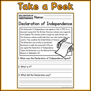 Declaration of Independence Reading Comprehension Passages | K-2 ...