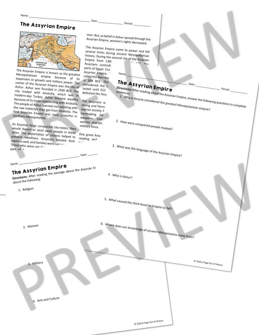Assyrian Empire Reading Comprehension Worksheets, Social Studies ...