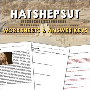 May include: Black and white image of Hatshepsut, one of the most powerful female pharaohs in Egyptian history. The image includes text that reads "Hatshepsut Worksheets & Answer Keys".
