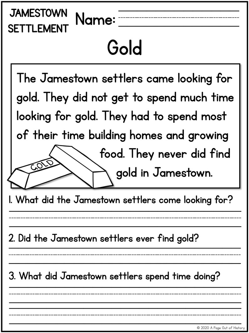 Jamestown Settlement Reading Comprehension Passages K2 Homeschool Social Studies Printable