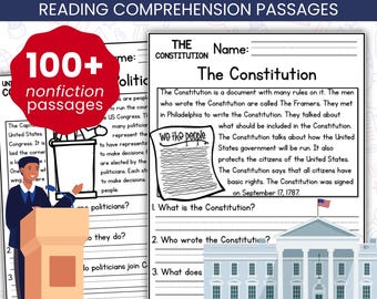 US Government Reading Comprehension Passages, US History Worksheets and Answer Key, Independence Day Activities for Kids, Social Studies