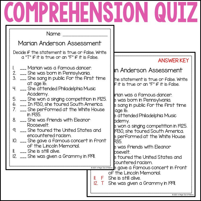 Reading Comprehension for 3rd–5th Grade | Marian Anderson Biography ...