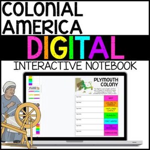 May include: A laptop screen shows a digital interactive notebook about Colonial America. The notebook has colourful sections on Plymouth Colony and other topics. An illustration of a woman using a spinning wheel is in the corner. The text "COLONIAL AMERICA DIGITAL INTERACTIVE NOTEBOOK" is at the top.
