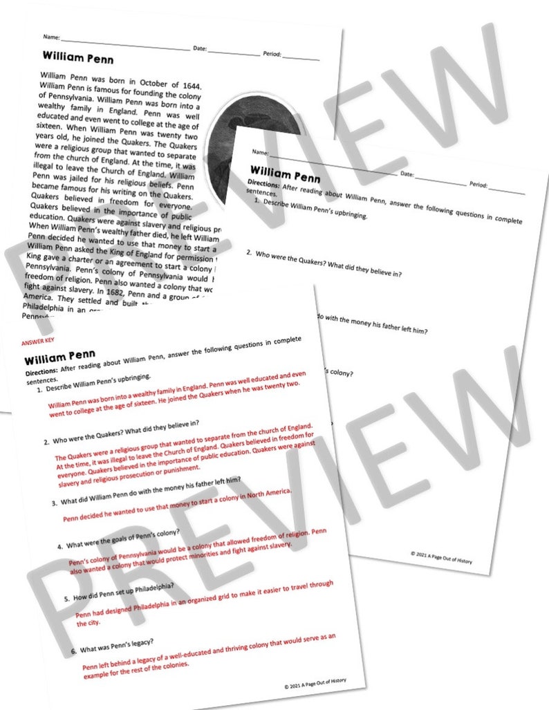 William Penn Reading Comprehension Pages, Homeschool Passages ...