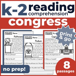 K-2 Reading Practice 1st 2nd Grade | US Congress Passages & Questions | Homeschool, Classroom | No-Prep Printable | Standards-Aligned
