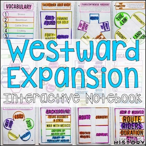 May include: A colourful interactive notebook for teaching about westward expansion in the United States. The notebook includes sections on vocabulary, the California Gold Rush, the Transcontinental Railroad, the Homestead Act, the Oregon Trail, and more. The notebook is designed to be engaging and interactive for students.