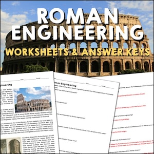 May include: Black and white worksheets with the text "Roman Engineering Worksheets & Answer Keys" on top. The worksheets feature images of the Roman Colosseum and text about Roman engineering.