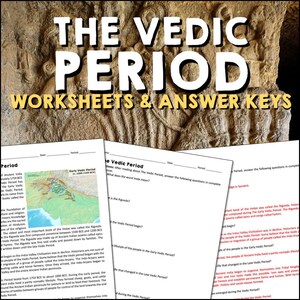 Peut inclure: Feuilles de travail en noir et blanc avec le titre "The Vedic Period Worksheets & Answer Keys". Les feuilles de travail comprennent une carte de la période védique précoce (1500-1000 avant J.-C.) et des questions sur la période védique.