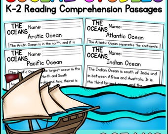 May include: Educational poster titled "Social Studies" with reading comprehension passages about oceans. Features a drawing of a ship and text boxes describing the Arctic, Atlantic, Pacific, and Indian Oceans. The word "OCEANS" is at the bottom.