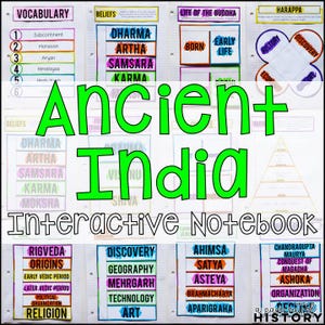 May include: A colorful interactive notebook for learning about Ancient India. The notebook includes sections on vocabulary, beliefs, the life of the Buddha, Harappa, the Rigveda, discovery, ahimsa, and the Mauryan Empire. The notebook is designed to be engaging and interactive, with colorful illustrations and activities.
