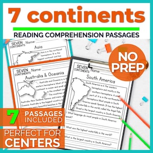Puede incluir: Recurso educativo con pasajes de comprensión lectora sobre los siete continentes. La imagen muestra hojas de trabajo con mapas y texto, incluidas preguntas sobre cada continente. El título incluye el texto "7 continents" y "Reading Comprehension Passages".