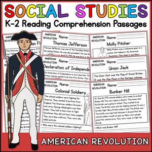 May include: Educational poster titled "Social Studies" with "K-2 Reading Comprehension Passages." Features illustrations and text about the American Revolution, including Thomas Jefferson, Colonial Soldiers, and Bunker Hill.