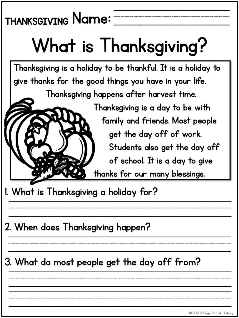 Thanksgiving Holidays Reading Comprehension Passages K-2 Homeschool