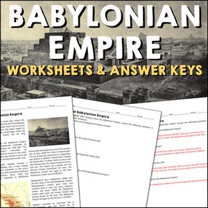 May include: Black and white image of a worksheet for a history lesson about the Babylonian Empire. The worksheet includes a map of the Babylonian Empire and a picture of a ziggurat. The text on the worksheet includes the words "Babylonian Empire" and "Code of Hammurabi".